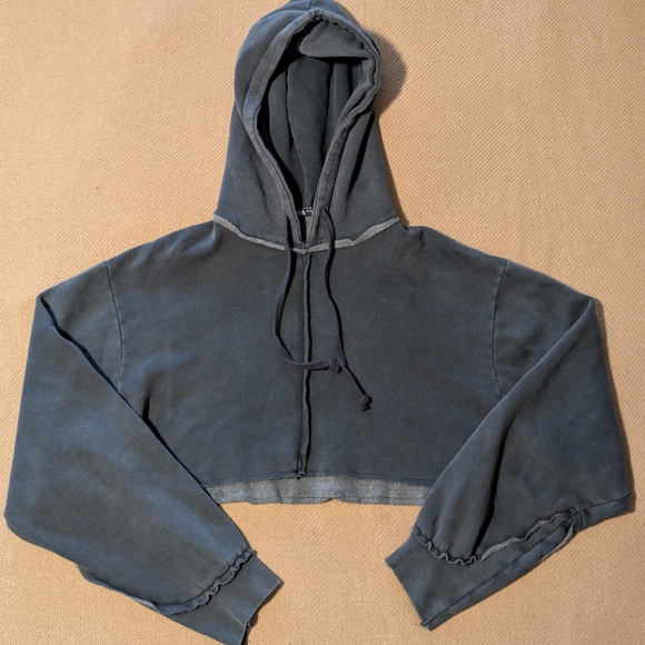 Zara Dark Grey Cropped Pullover Hoodie Sweatshirt - Picture 5 of 11